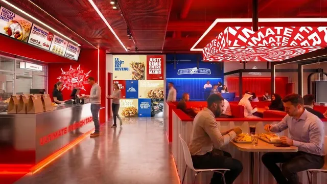 Concept store Ultimate French Tacos : le comptoir rouge et la salle sous le plafond lumineux