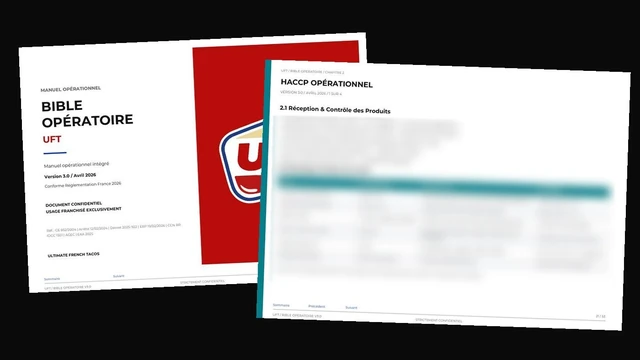 Extrait de la bible opératoire UFT : couverture et chapitre HACCP, contenu masqué au-delà des titres