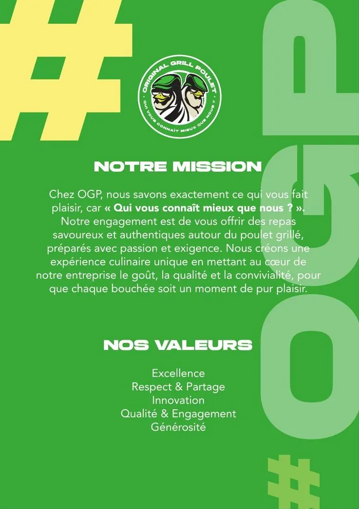 Pancarte Original Grill Poulet : notre mission et nos valeurs