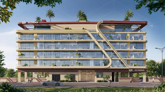 Façade du programme Globna : bandeaux courbes beiges et bordeaux, balcons vitrés, enseigne GLOBNA