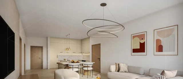 Séjour d'un appartement Globna : cuisine ouverte, canapé d'angle et luminaire circulaire
