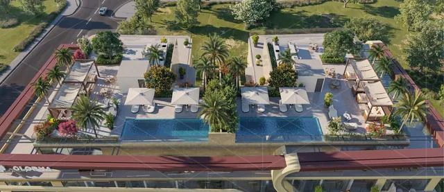 Terrasses sur le toit du programme Globna : piscines, cabanes et jardins