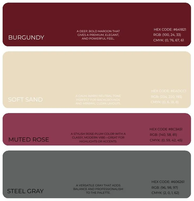 Palette Globna : bordeaux, sable, rose atténué et gris acier