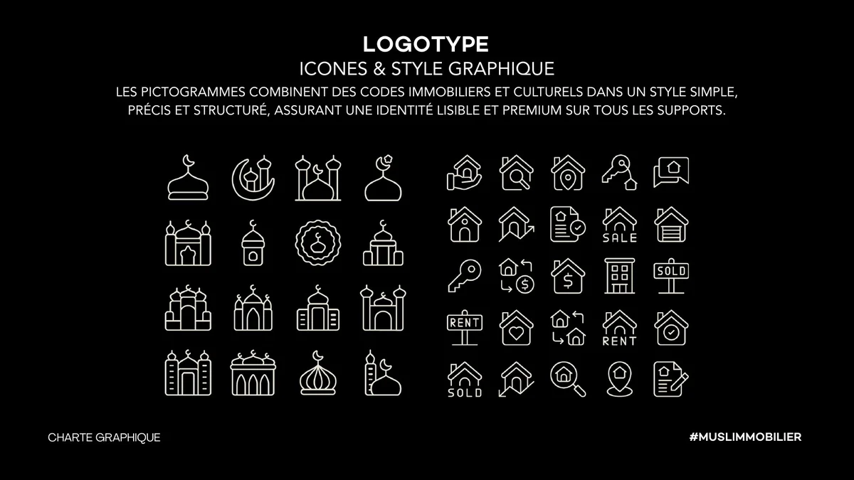 Pictogrammes de la marque : mosquées, maisons, clés, panneaux à louer et à vendre