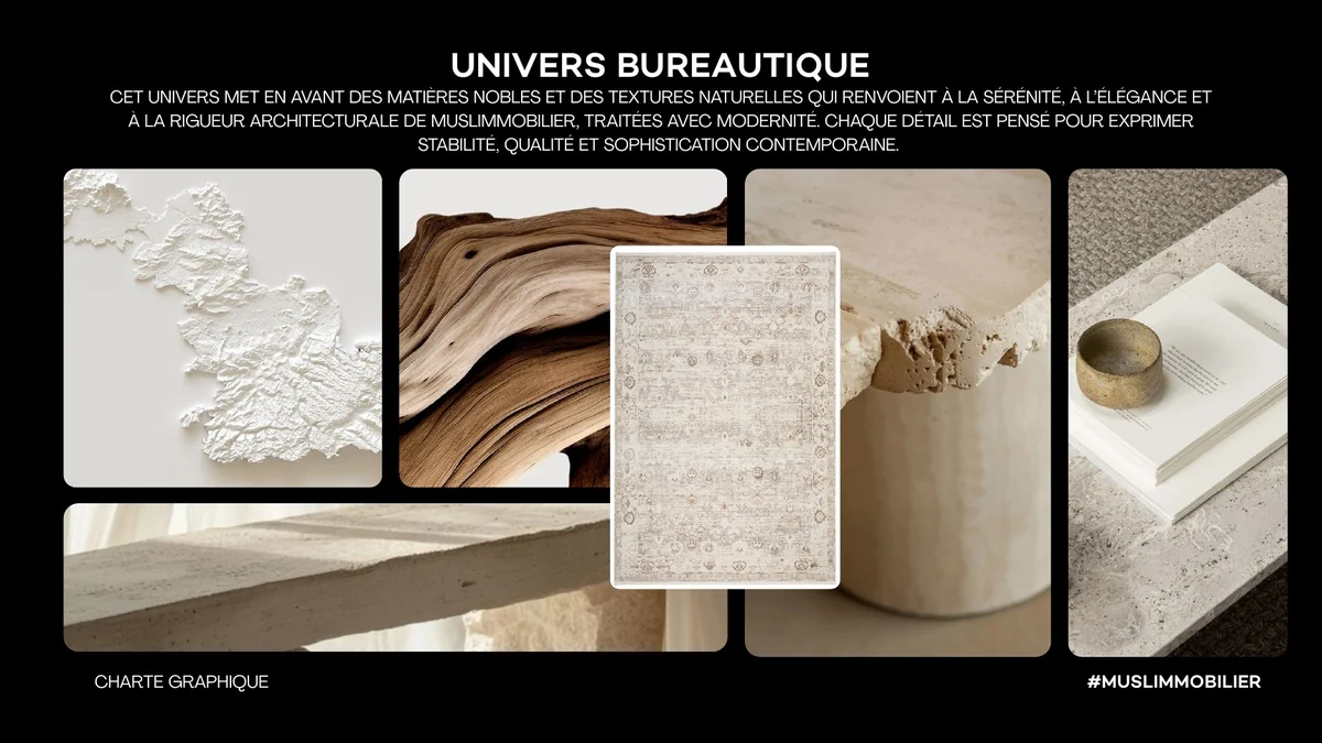 Univers bureautique : matières naturelles, pierre, bois et tapis