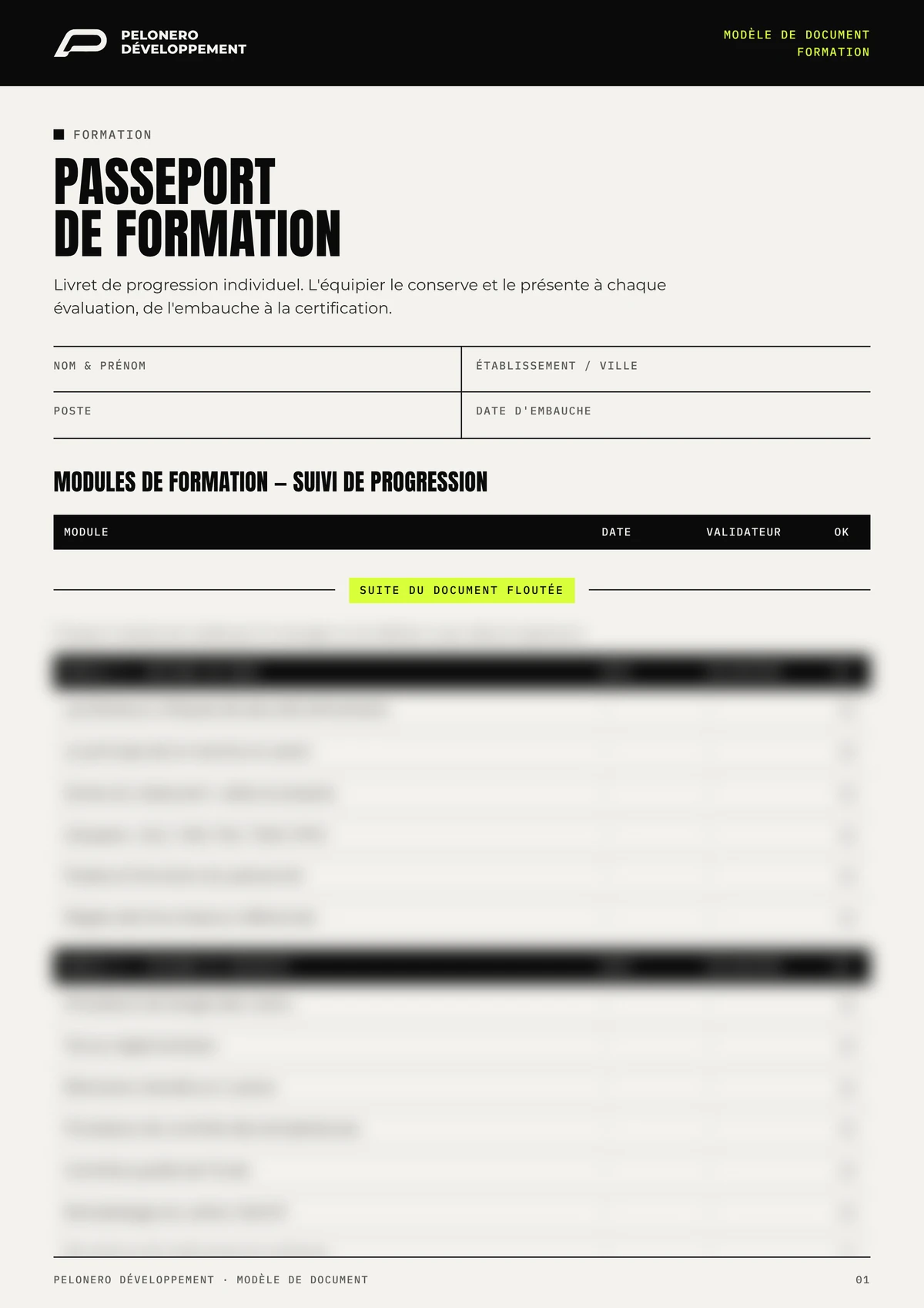 Exemple de document PELONERO Développement : passeport de formation, titre et intitulés lisibles, contenu flouté