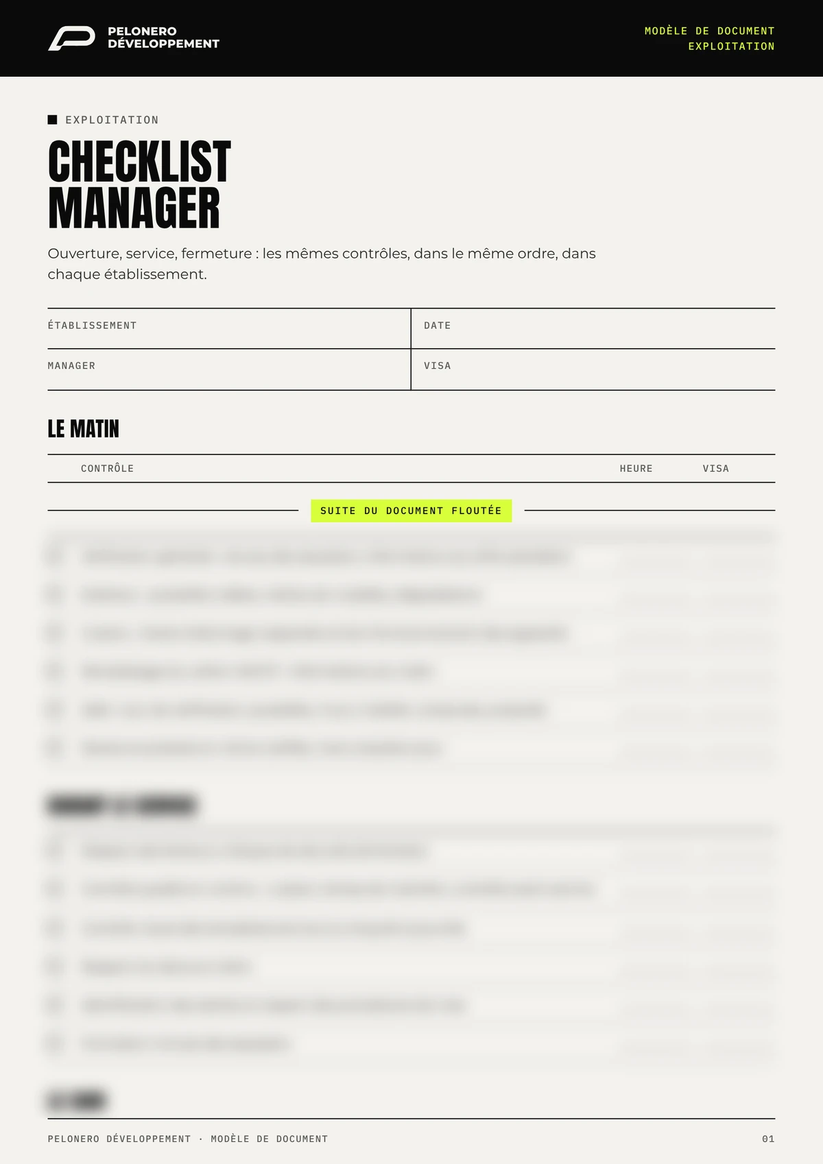 Exemple de document PELONERO Développement : checklist manager, titre et intitulés lisibles, contenu flouté