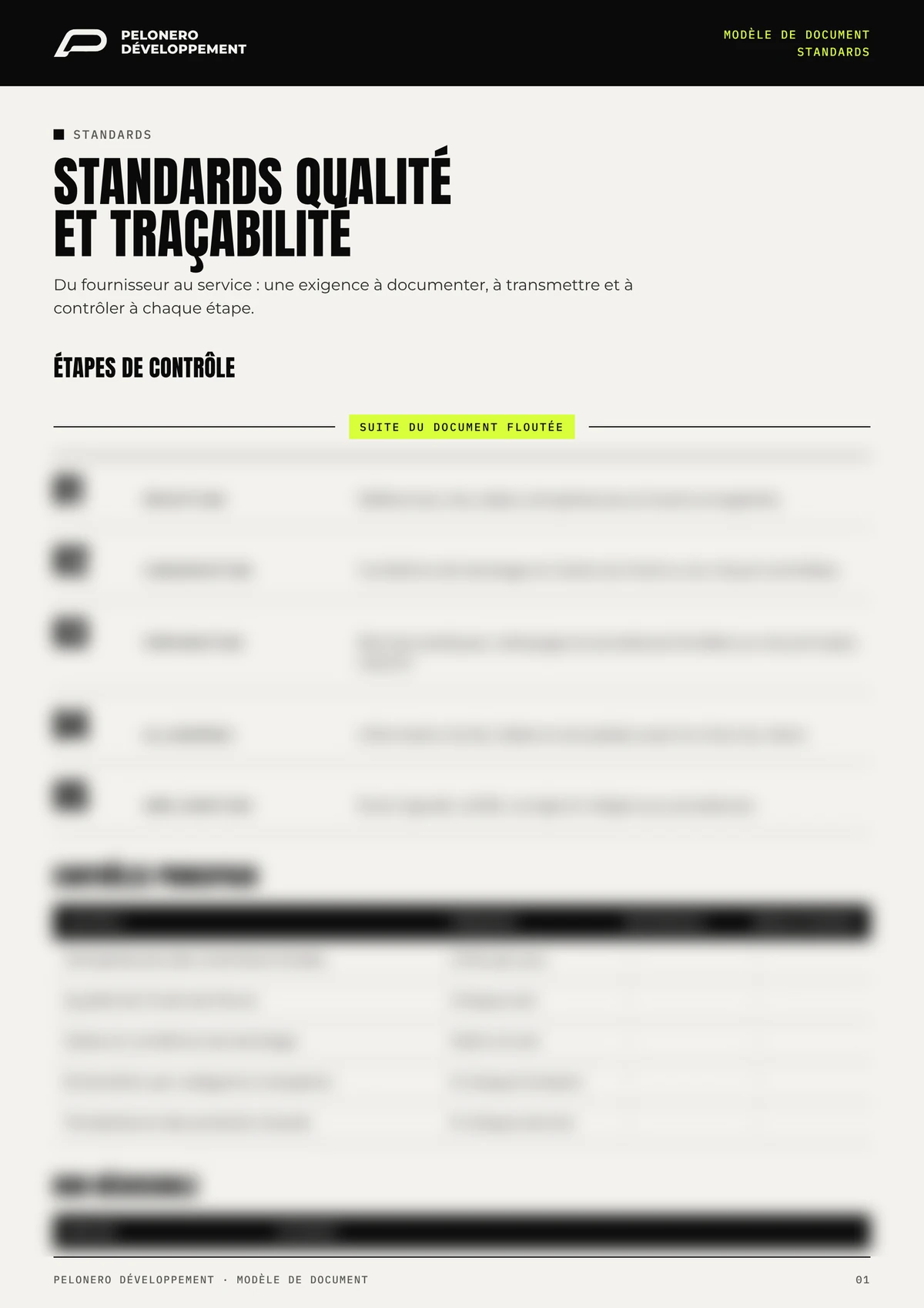 Exemple de document PELONERO Développement : standards qualité et traçabilité, titre et intitulés lisibles, contenu flouté