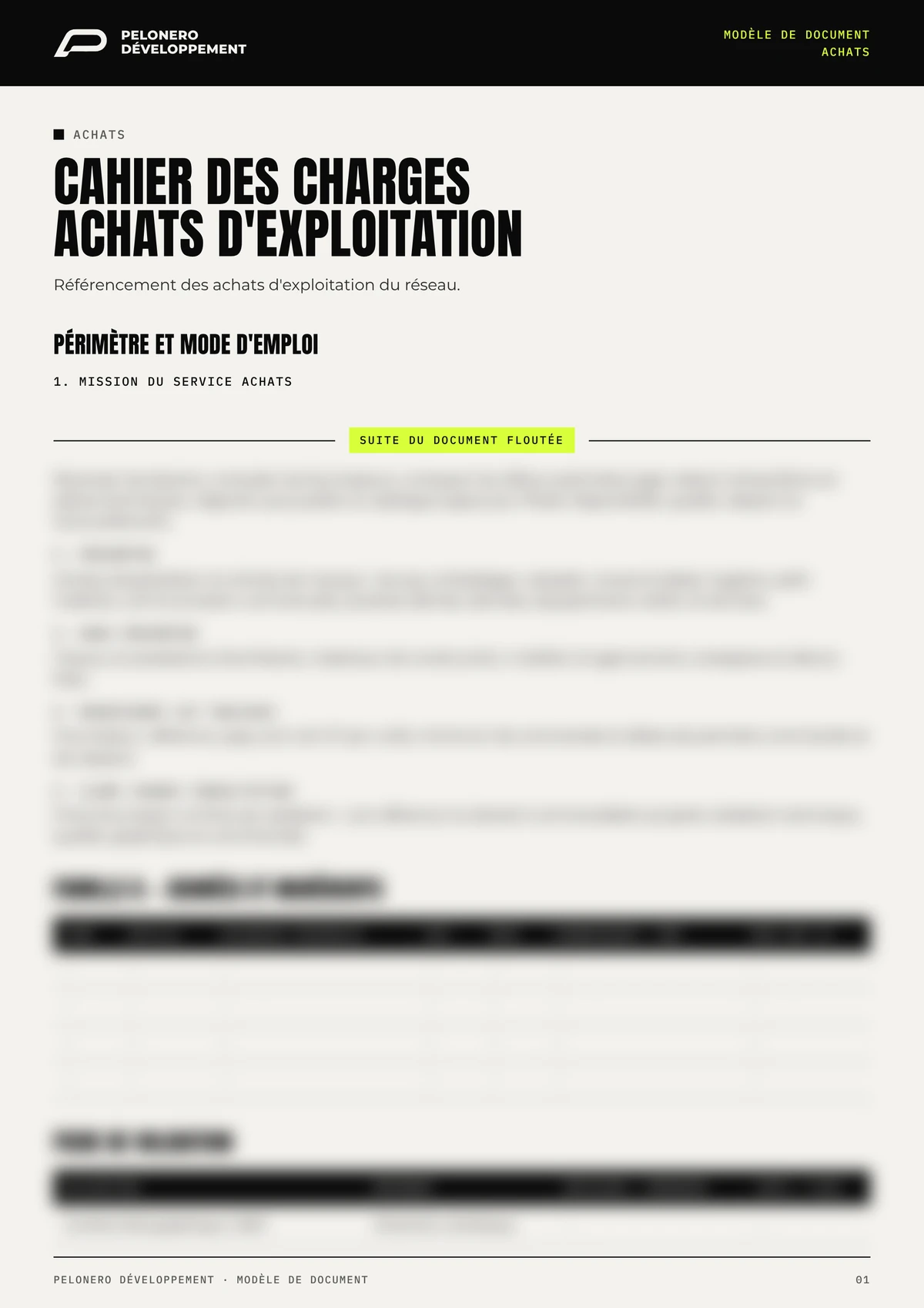 Exemple de document PELONERO Développement : cahier des charges achats, titre et intitulés lisibles, contenu flouté