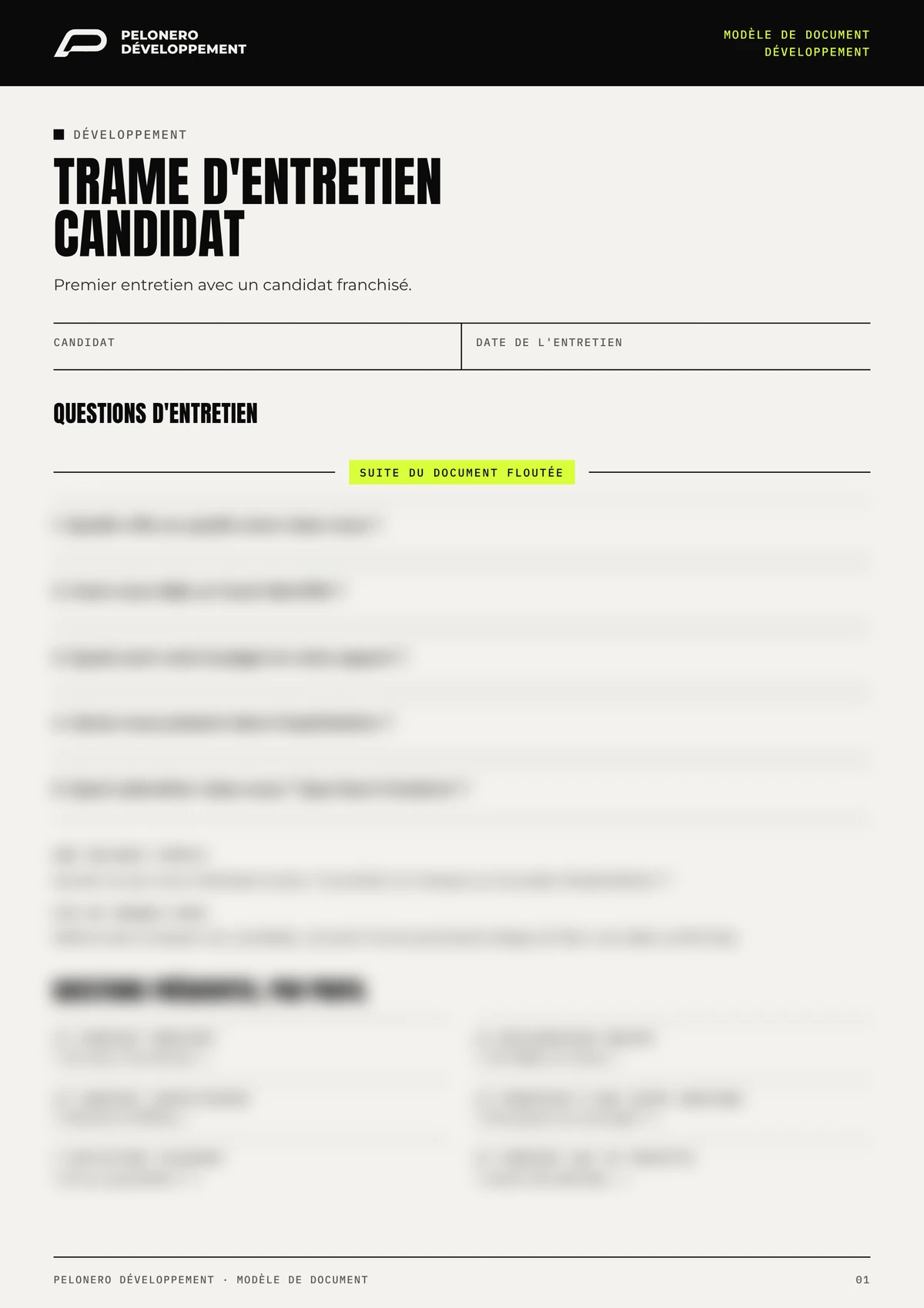 Exemple de document PELONERO Développement : trame d'entretien candidat, titre et intitulés lisibles, contenu flouté