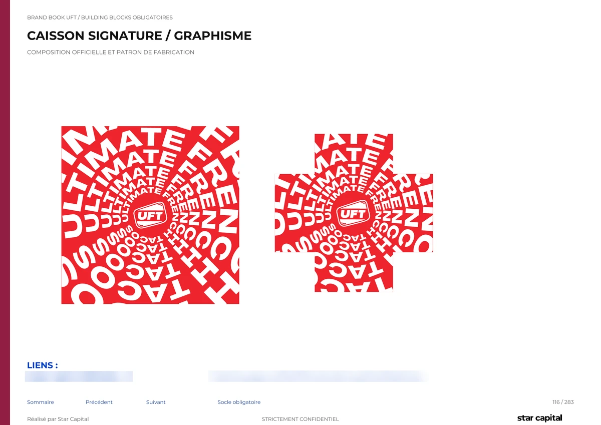 Page du brand book UFT : composition du caisson signature, graphisme Ultimate French Tacos en spirale rouge et blanc